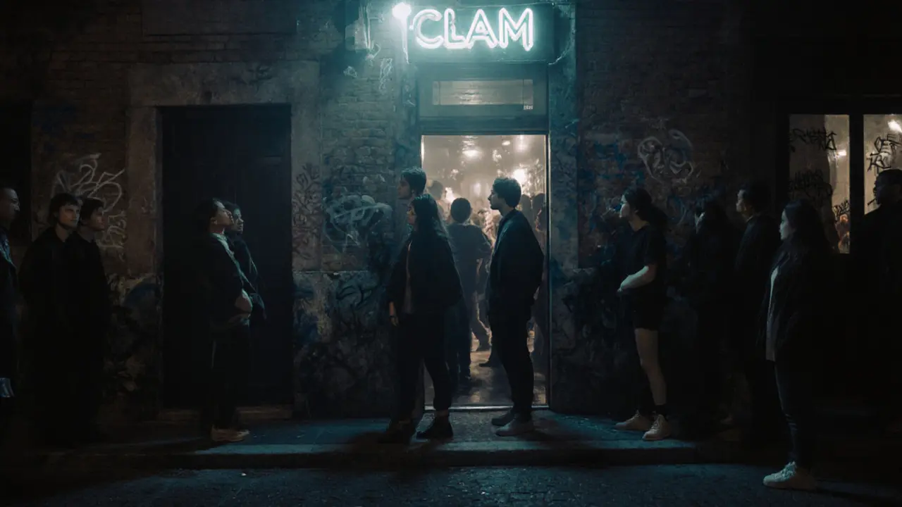 People waiting outside Clam nightclub, neon sign flickering above a plain door in Porta Venezia.