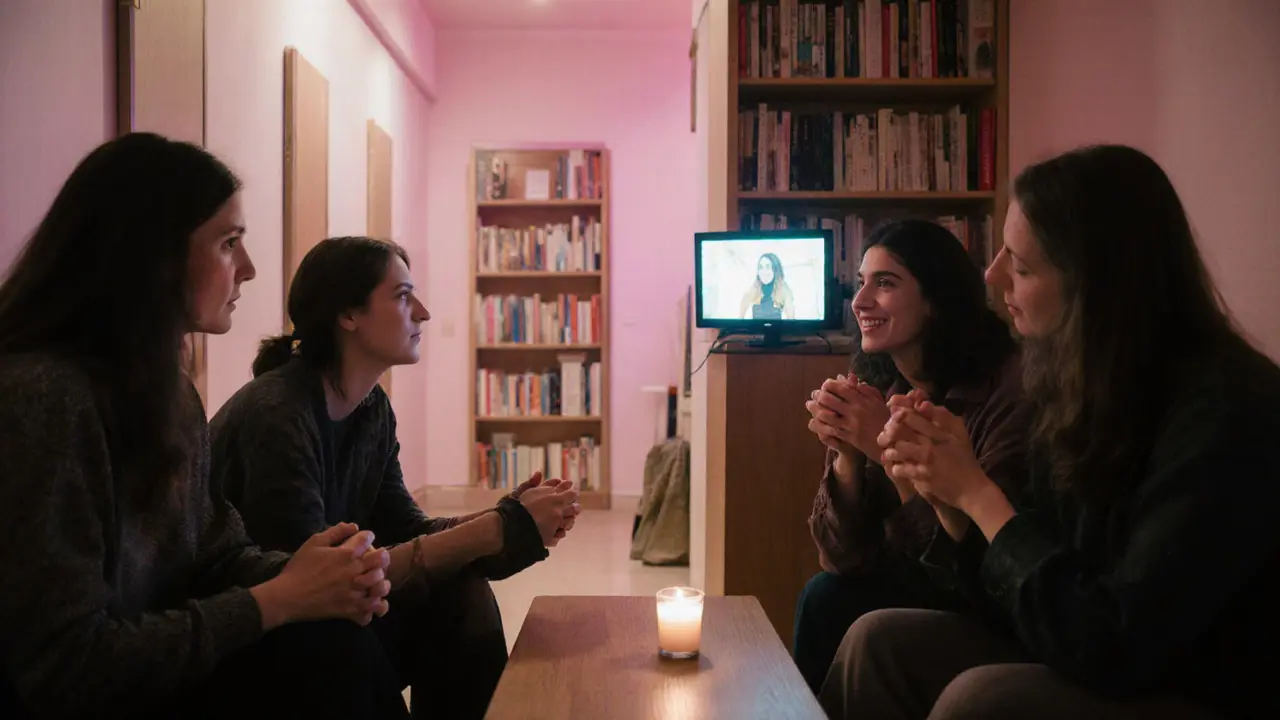 People watch a queer documentary together in the warm, welcoming space of La Maison des Femmes.