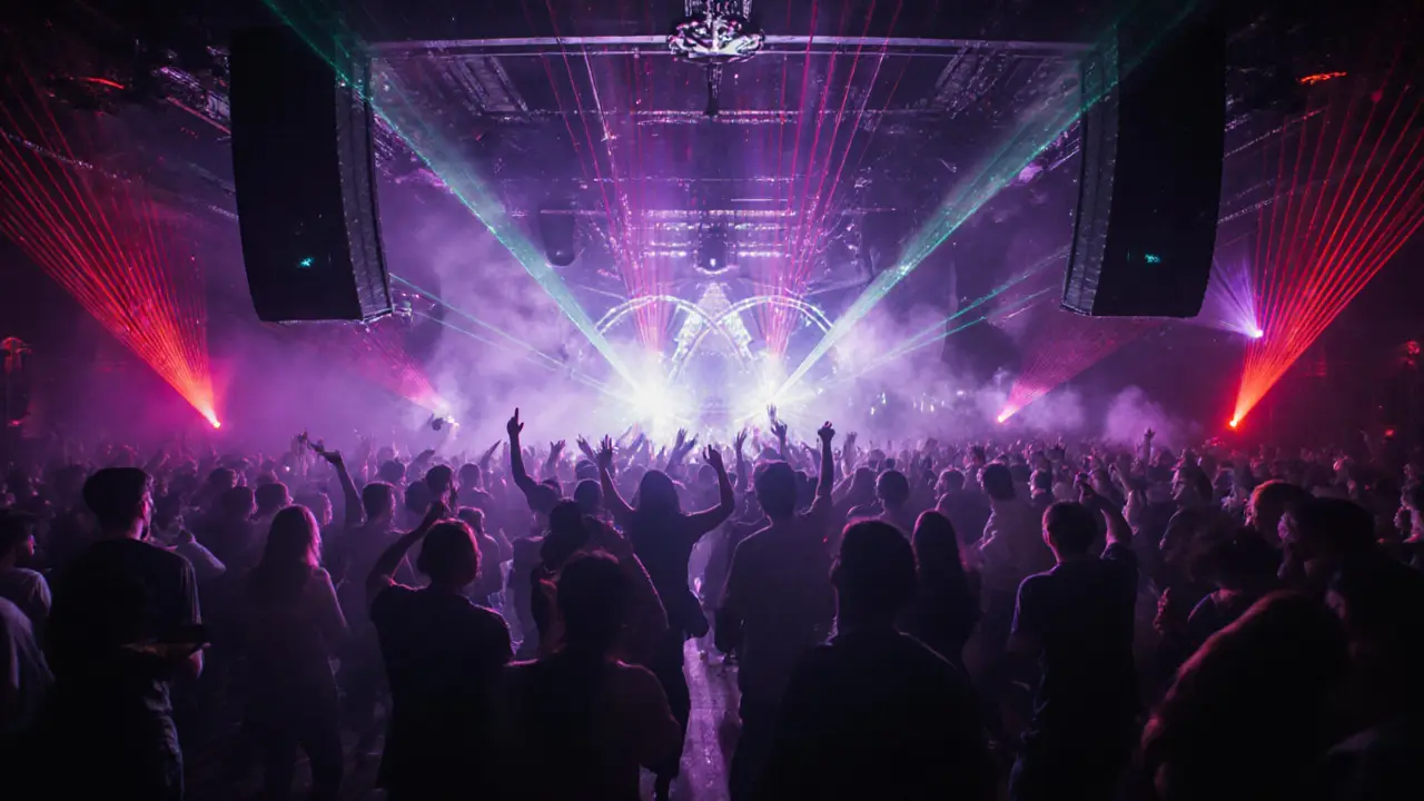 Pulsing dance floor with lasers and crowd moving to music in a dark, high-energy club.