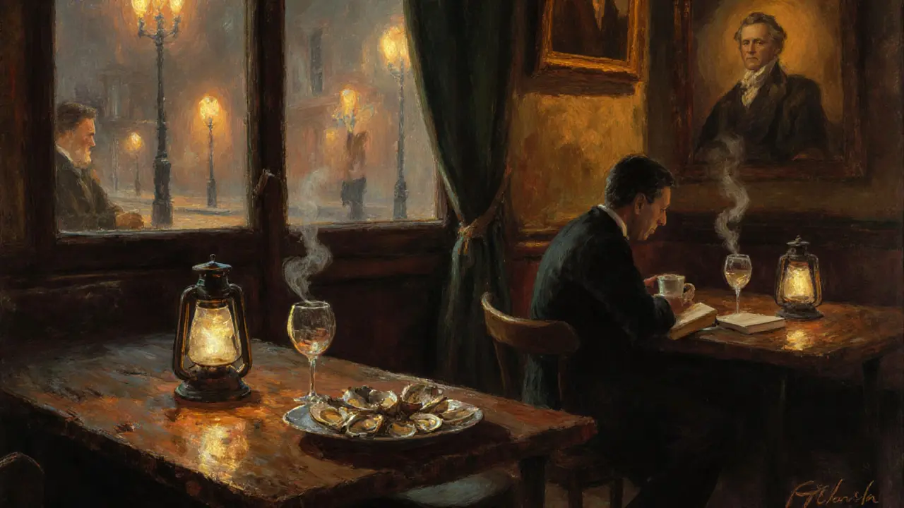 Quiet 18th-century café at 2 a.m. with portraits on the wall and a lone reader by lamplight.
