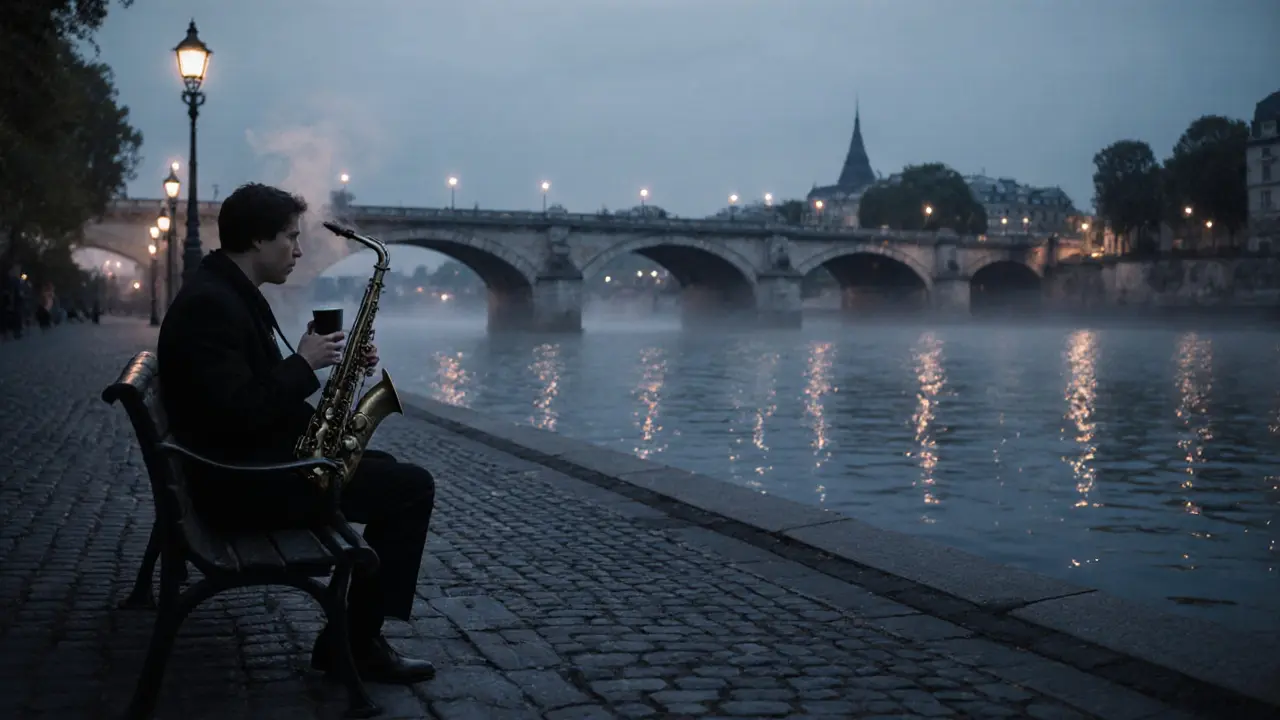Quiet morning by the Seine, a person sipping coffee as dawn breaks over the river.