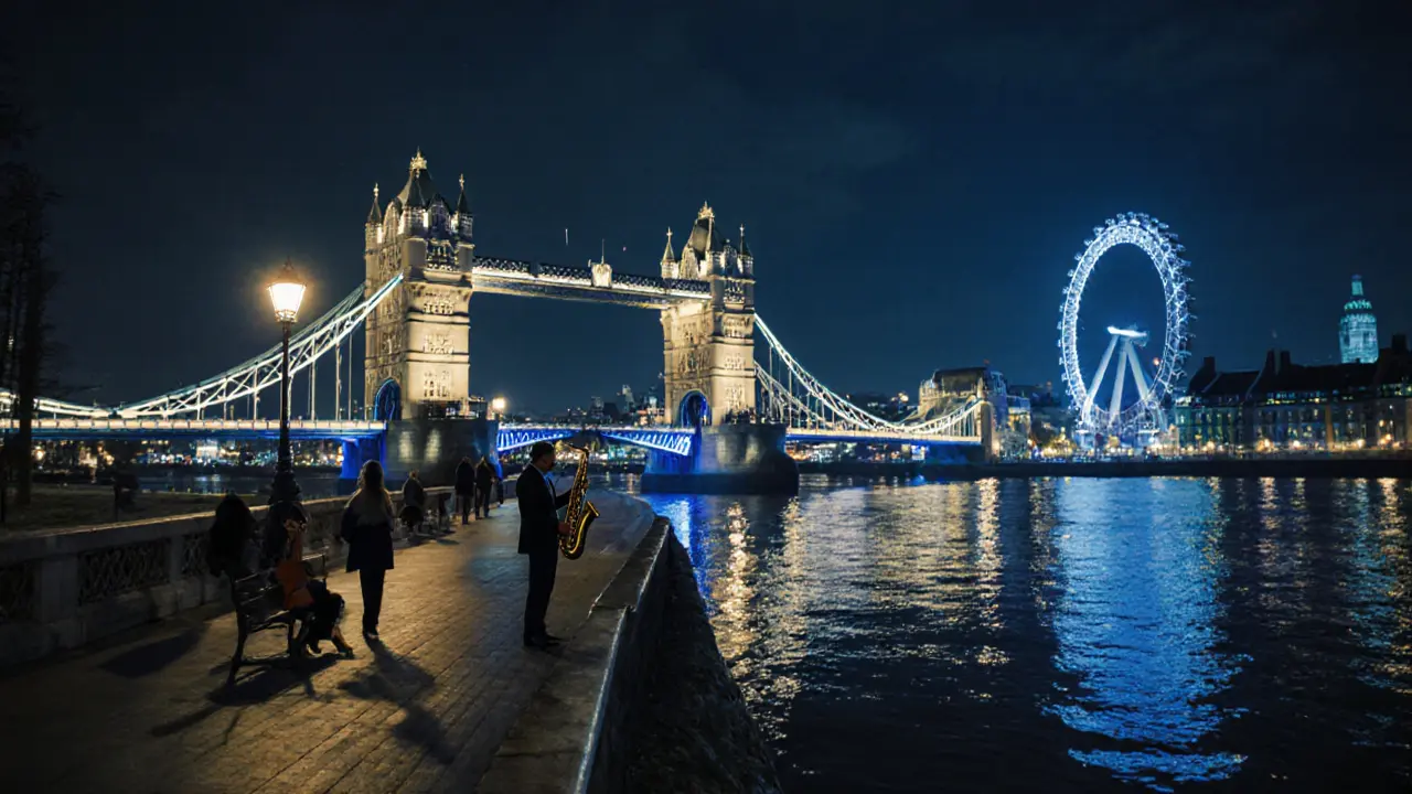 Quiet Thames riverside at night with illuminated Tower Bridge and lone saxophonist playing under streetlamps.