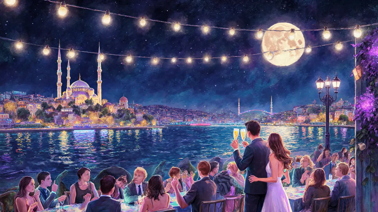 Reina nightclub on the Bosphorus with dancers under string lights and city reflections.