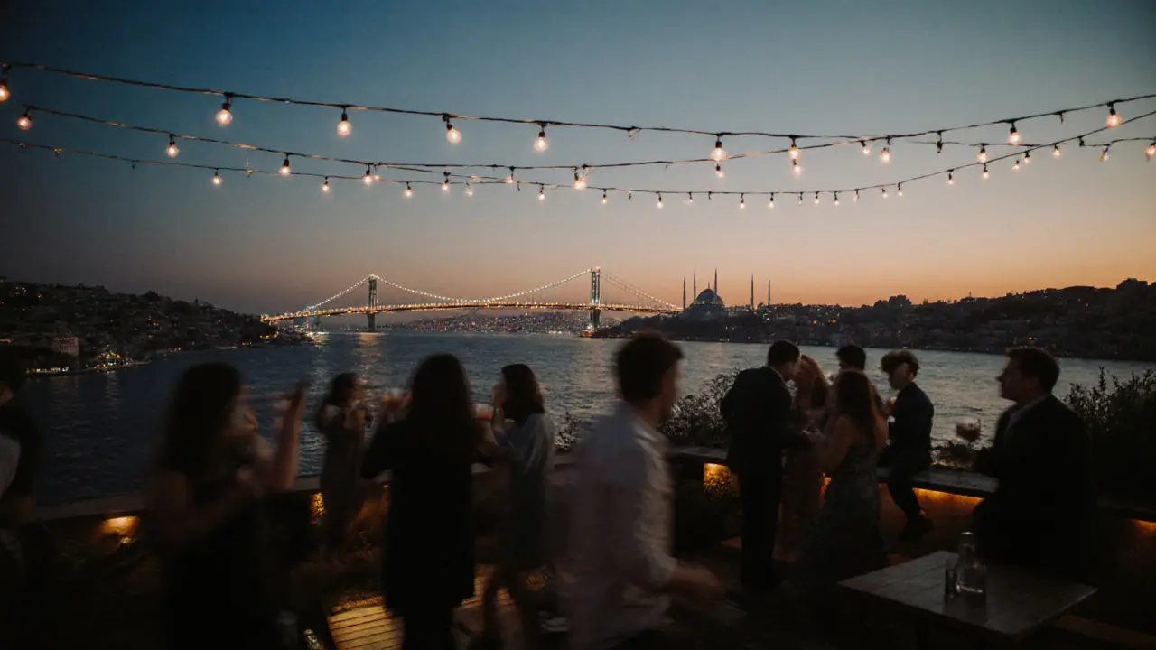 Rooftop bar overlooking the Bosphorus Bridge at sunset with patrons enjoying drinks under string lights.