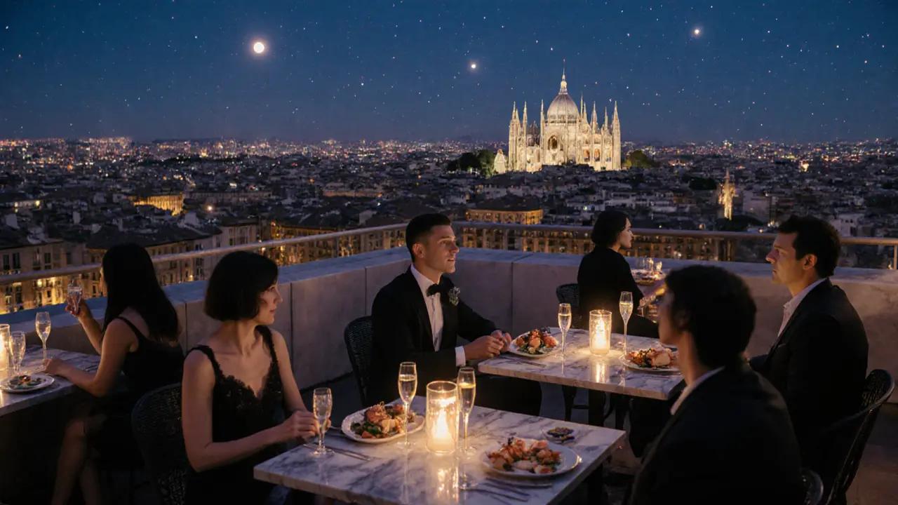 Rooftop view of Milan at night with Duomo lit up, guests enjoying cocktails against the city skyline.