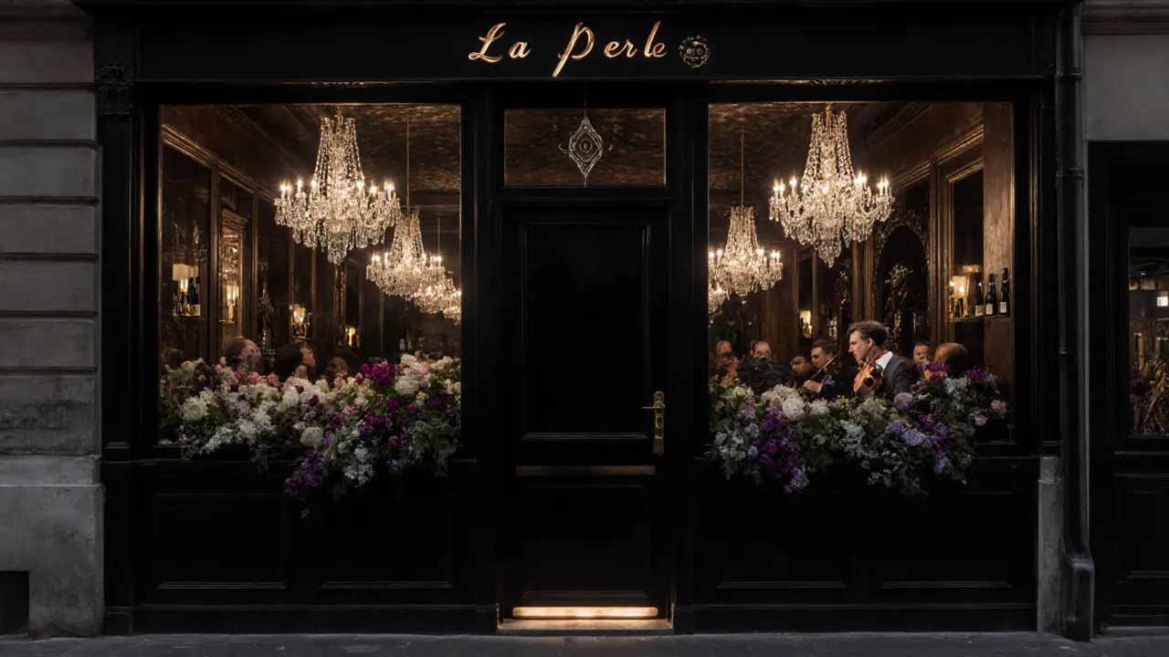 Secret nightclub La Perle with crystal chandeliers and a string quartet behind a discreet black door.