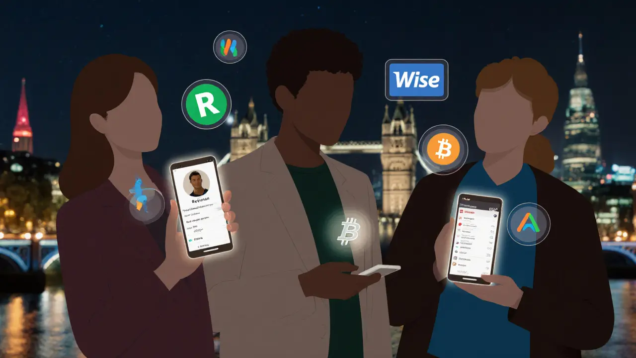 Silhouettes of diverse individuals holding smartphones with discreet escort profiles, surrounded by digital payment icons.