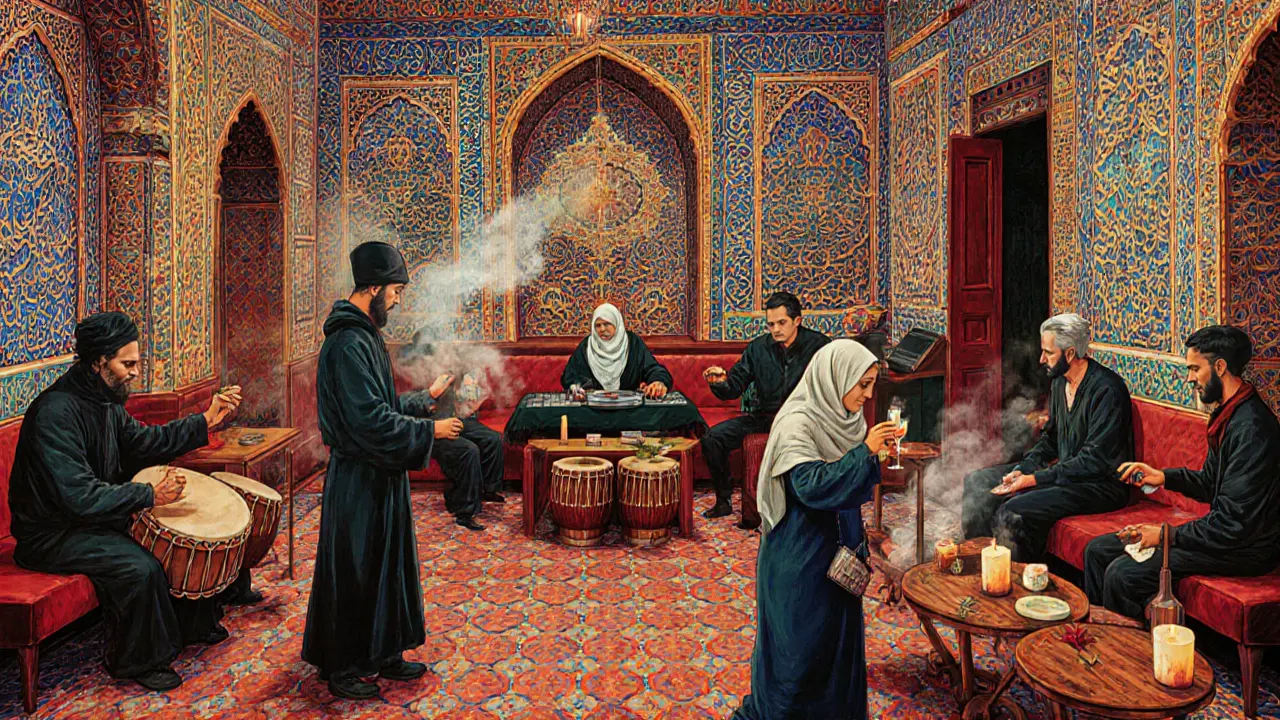 Sufi prayer room turned club, blending calligraphy, drummers, and DJs in a fusion of ancient and modern.