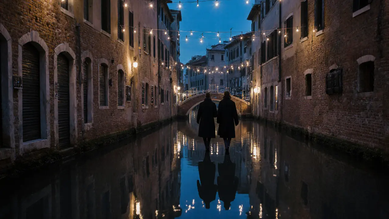 Two figures walking silently along the Navigli canal at night, their reflections visible on the water.