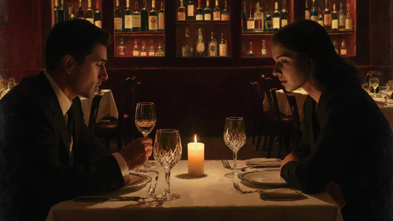 Two people share a quiet dinner by candlelight in an exclusive Milan restaurant after hours.