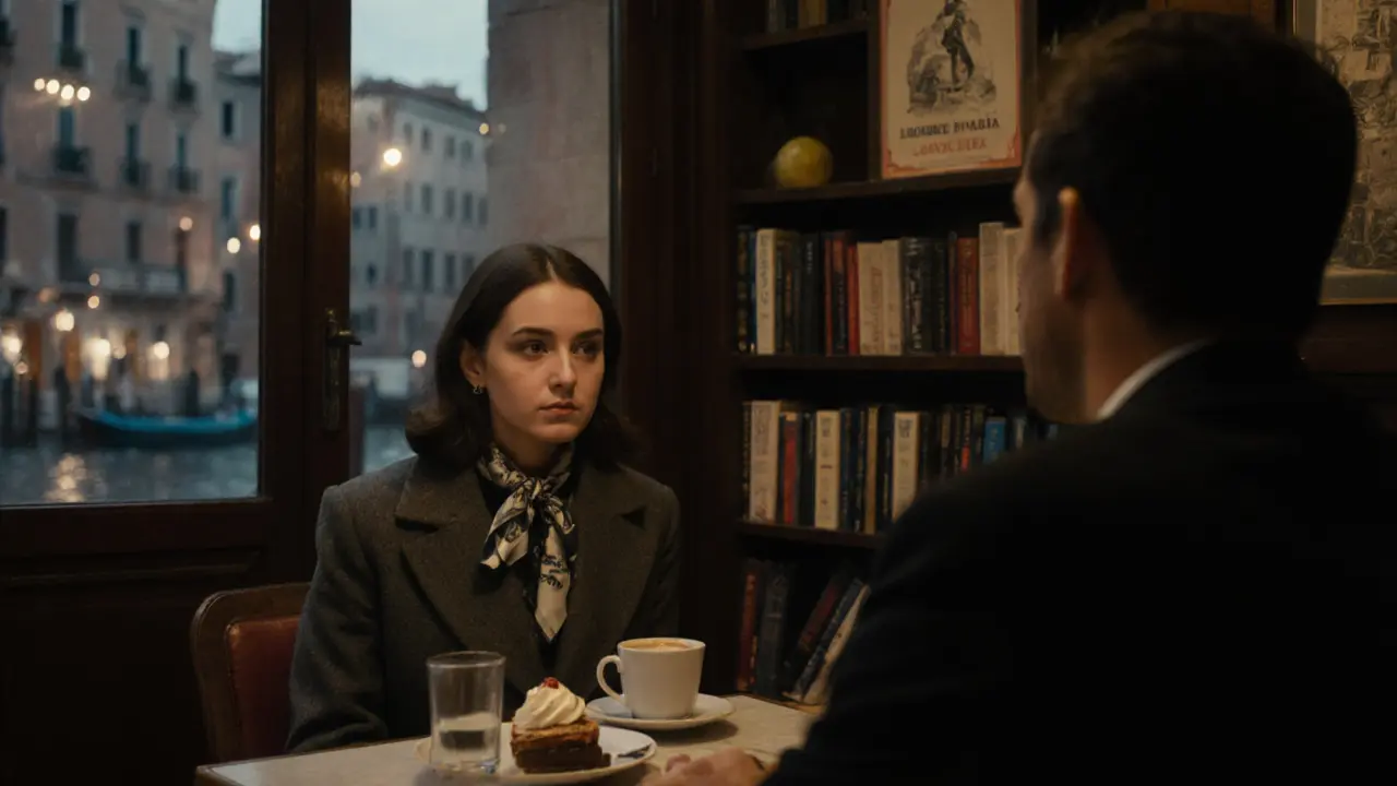 Two people share a quiet moment in a Milanese café, conversing over espresso with soft twilight lighting.