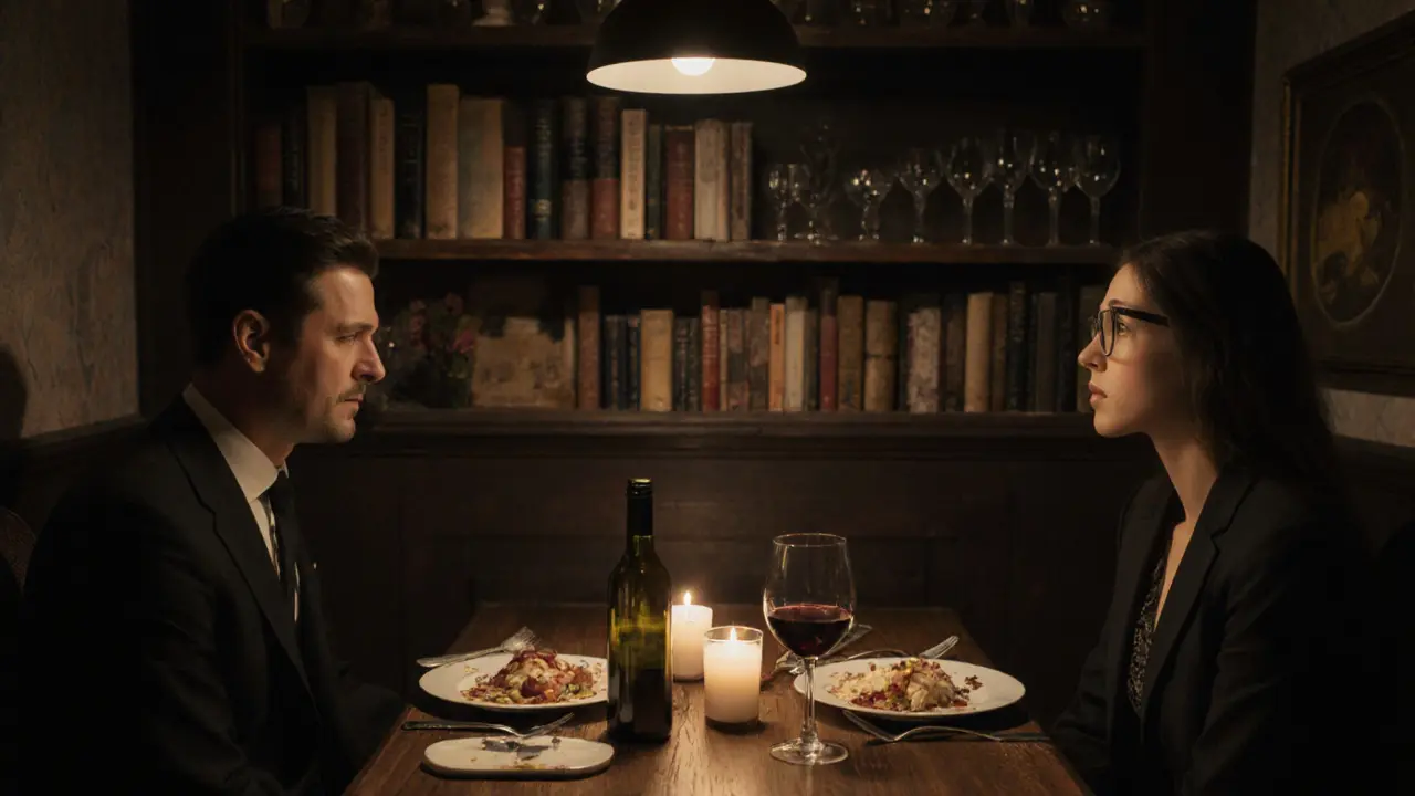 Two people share an intimate candlelit dinner in a private Berlin kitchen, engaged in thoughtful conversation.