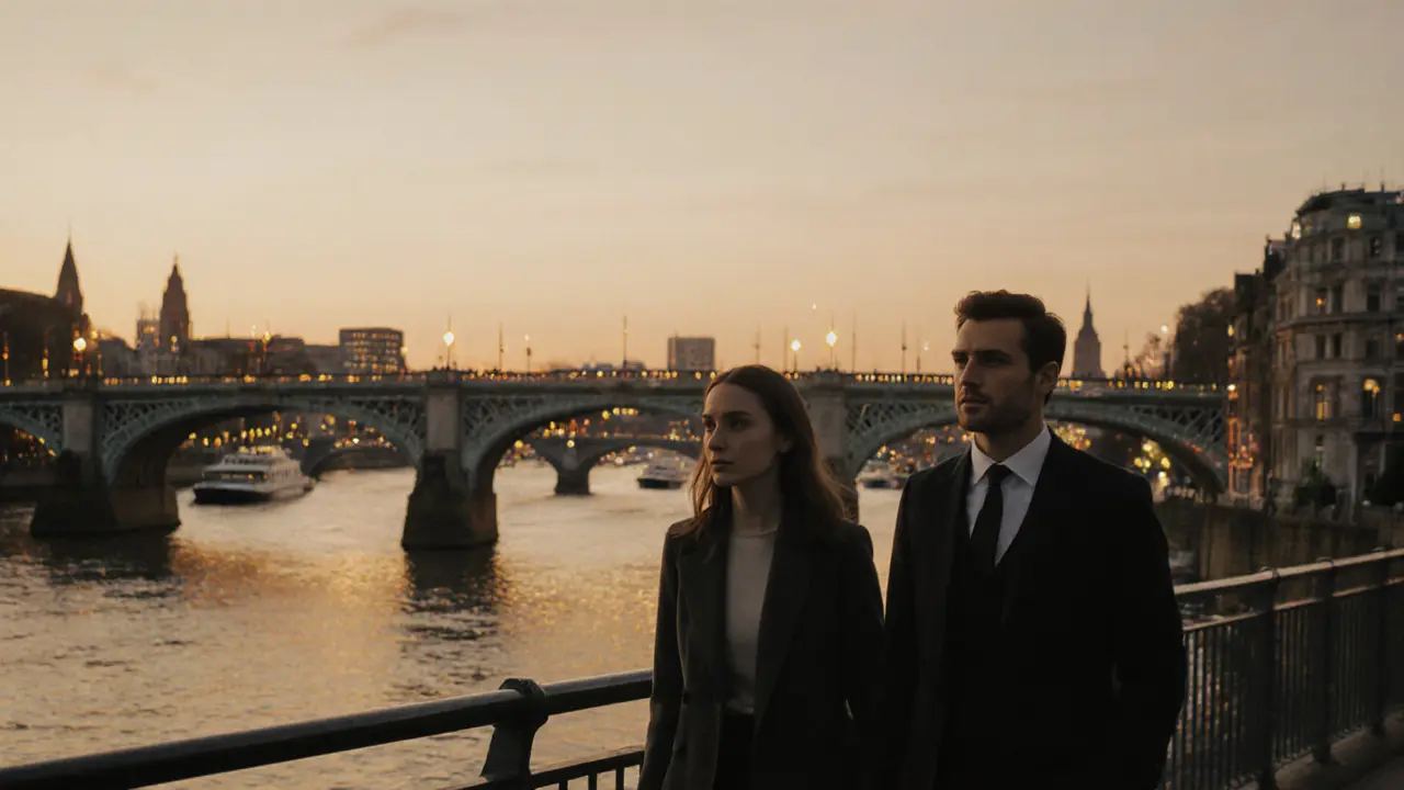 Two people walking peacefully along the Thames at sunset, city lights glowing in the distance.