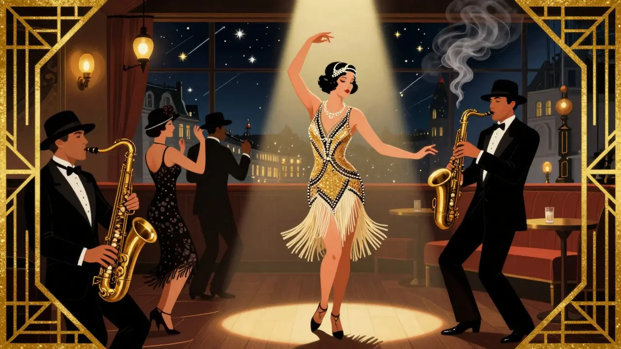 1920s jazz club in Montmartre with Josephine Baker dancing and musicians playing under Art Deco lights.