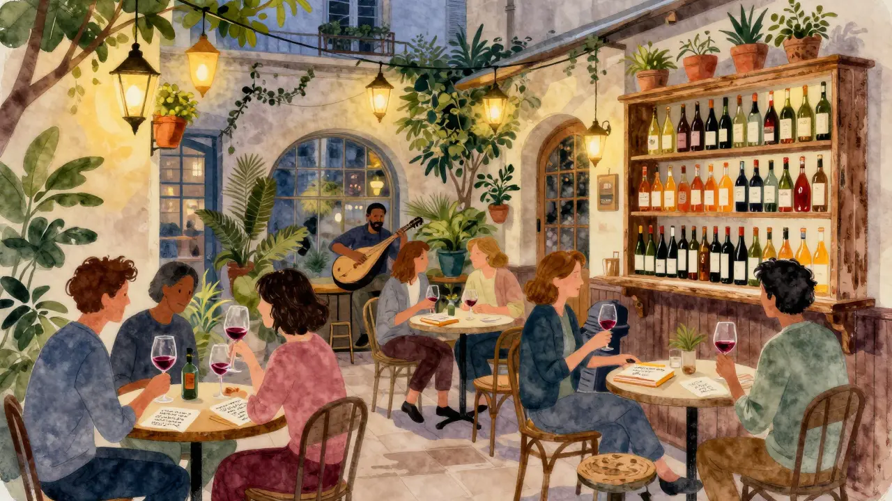 A bohemian Paris courtyard bar with lanterns, plants, and guests sipping global wines while a musician plays.