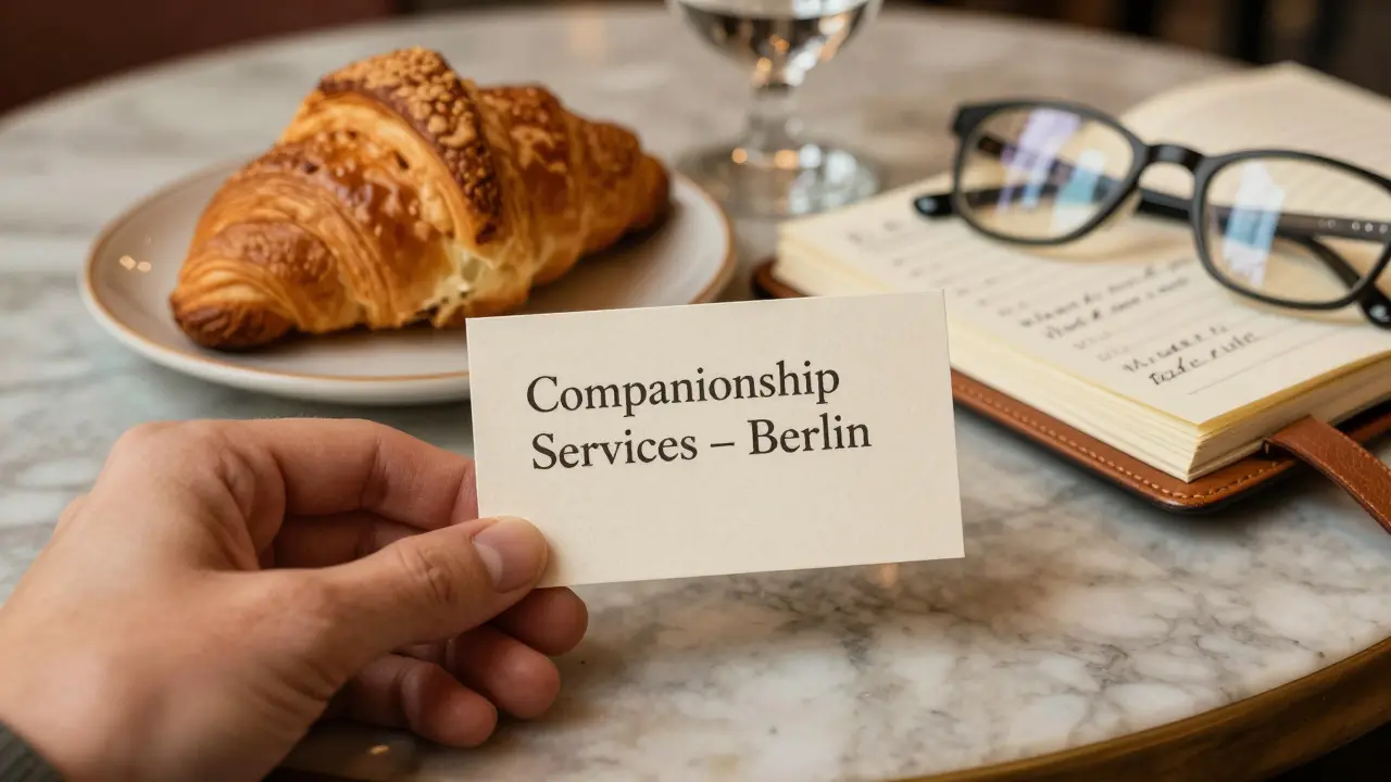 A business card for companionship services on a café table beside a croissant and notebook.