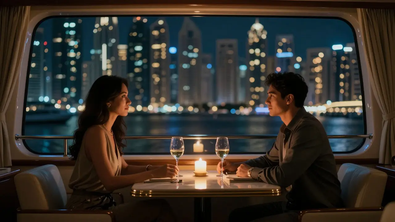 A couple in quiet connection on a private yacht at night, city lights glowing through the windows.