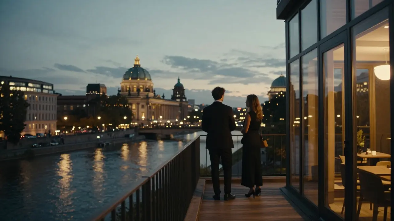 A couple overlooking Berlin&#039;s skyline from a hidden rooftop terrace at twilight.
