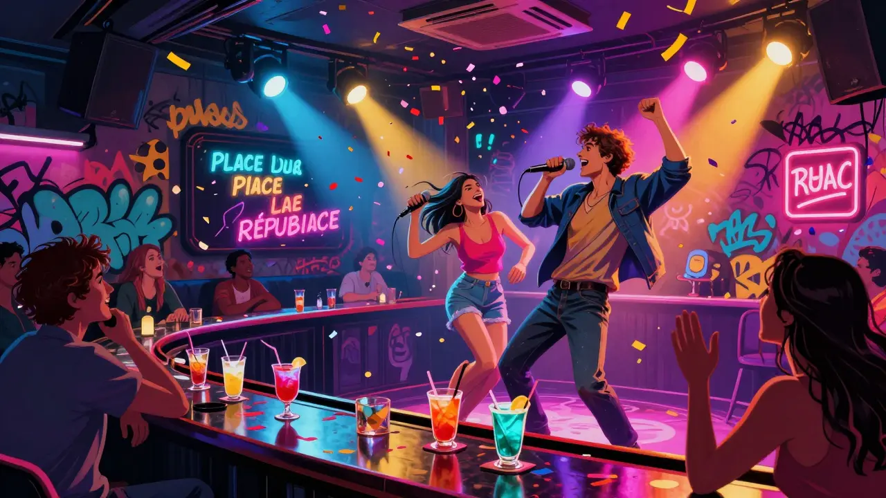 A couple singing together in a neon-lit karaoke bar with graffiti walls and confetti in the air.