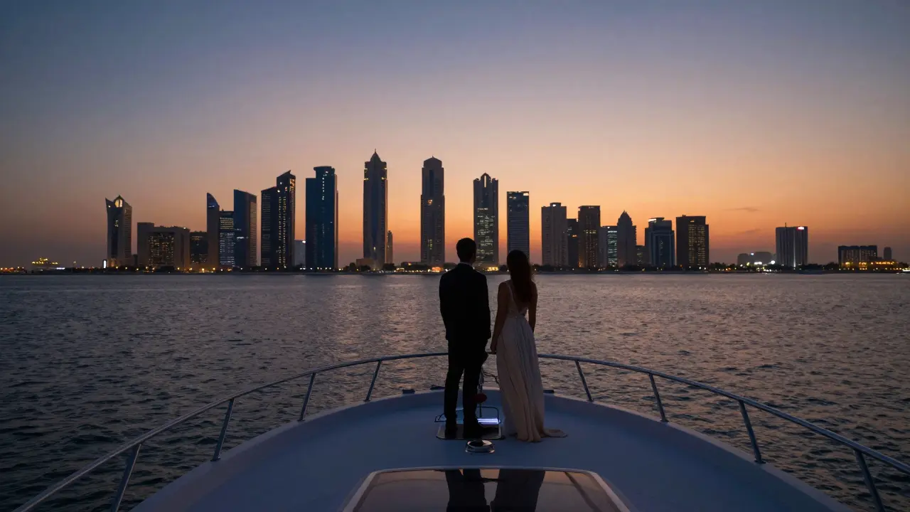 A couple stands silently on a private yacht at sunset, overlooking Abu Dhabi’s illuminated skyline.