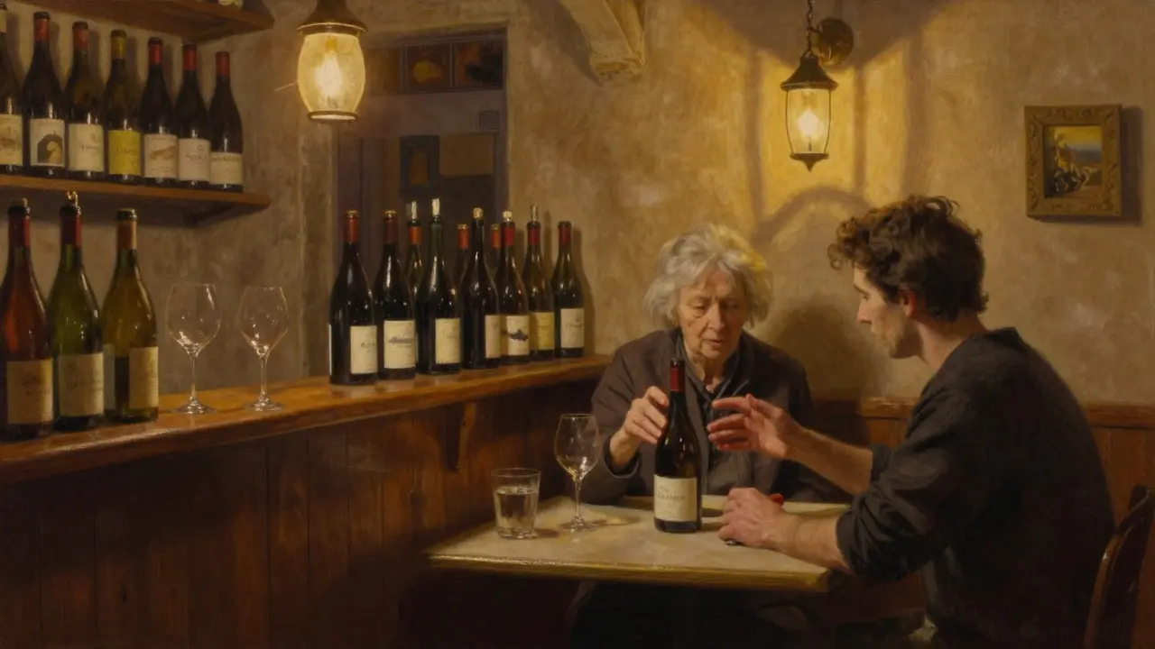 A cozy Montmartre wine cellar with bottles on shelves, two people sharing wine at a wooden table in soft light.