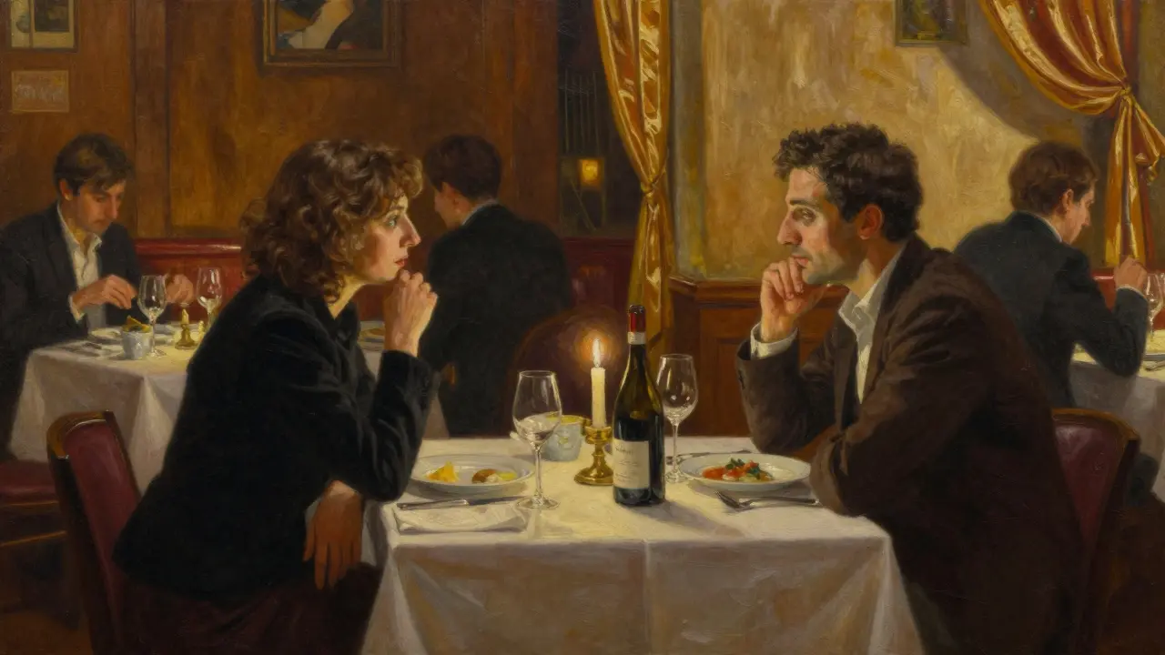 A discreet couple dines quietly in an upscale Milan restaurant, illuminated by candlelight and warm ambiance.