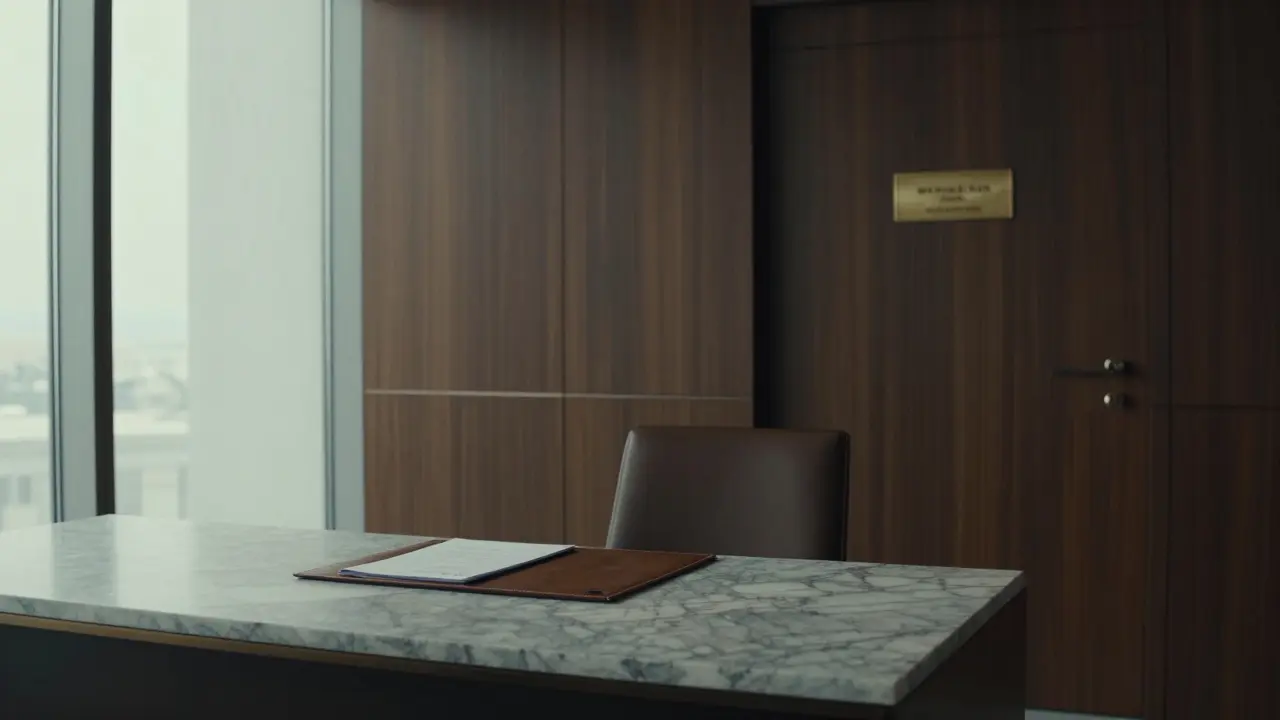 A discreet luxury escort agency office in Jumeirah with minimalist decor and no visible faces.