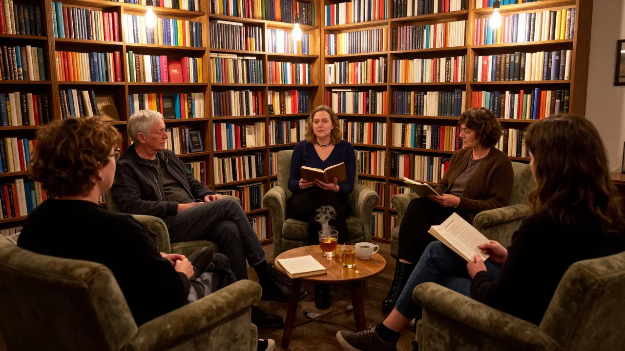 A group listens to poetry in a book-filled room, surrounded by towering shelves and soft lighting.