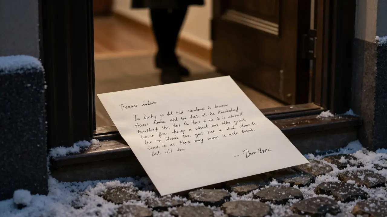 A handwritten letter on a Milan doorstep at night under falling snow.