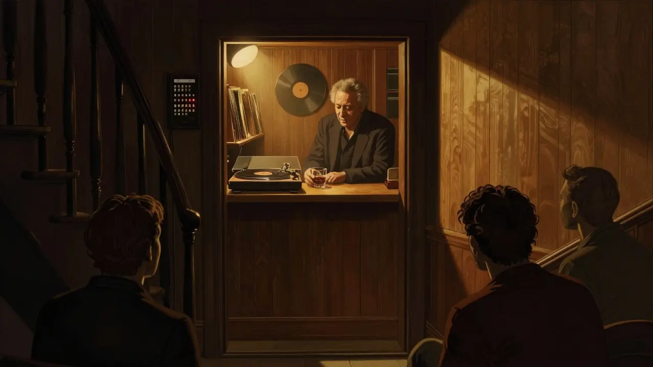 A hidden basement jazz spot with vinyl records and a musician sharing stories in warm dim light.