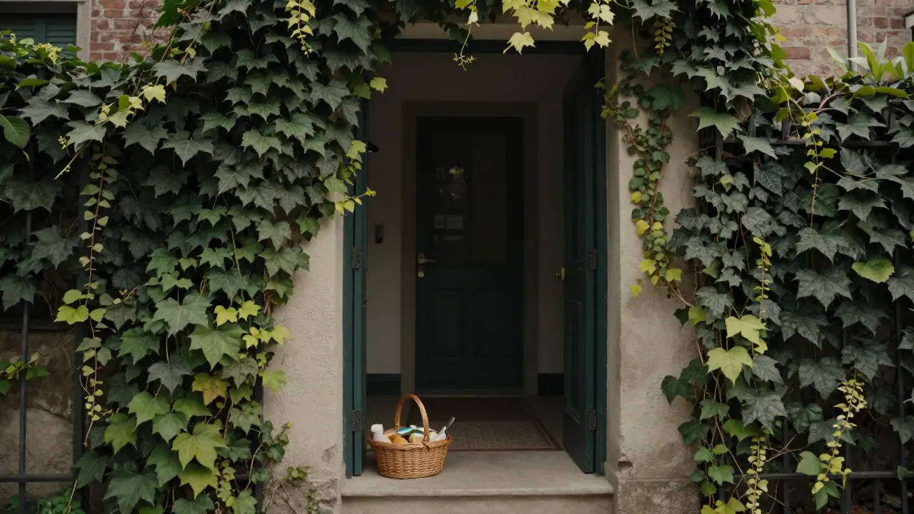 A hidden courtyard entrance with ivy and a breakfast basket outside a closed door.