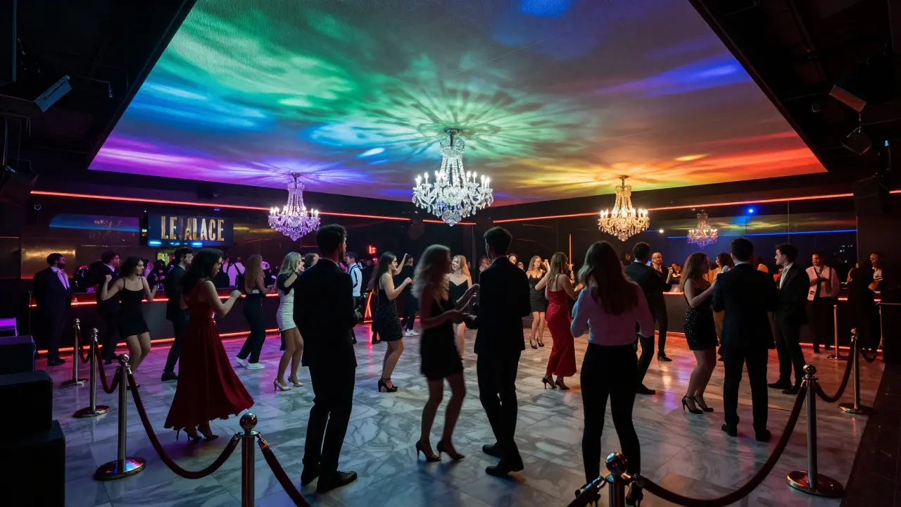 A luxurious nightclub interior with moving LED ceilings and a sophisticated crowd dancing under crystal chandeliers.