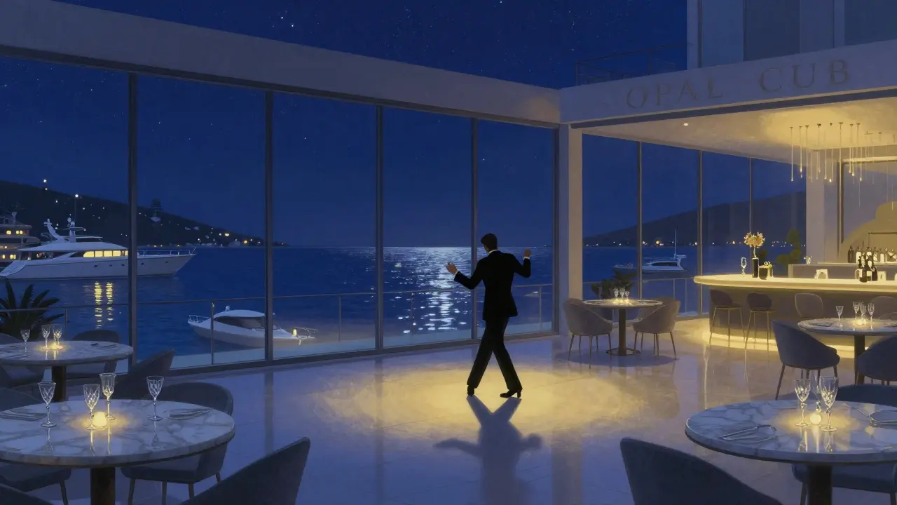 A luxurious nightclub terrace overlooking the Mediterranean at night, with synchronized colored lights dancing on the floor and yachts glimmering in the harbor.