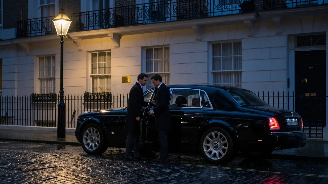 A luxury car pulls up to a discreet townhouse in Belgravia at night, a concierge greeting a client under a historic gaslamp.