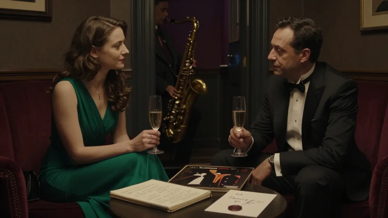 A man and woman converse quietly in a private jazz club lounge, champagne flutes before them, a notebook with philosophical notes on the table.