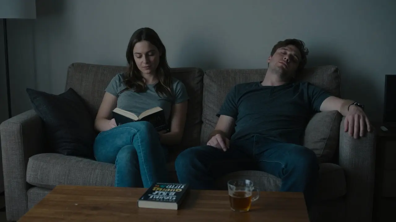 A man and woman in a cozy London apartment, sharing quiet companionship with a book and tea.