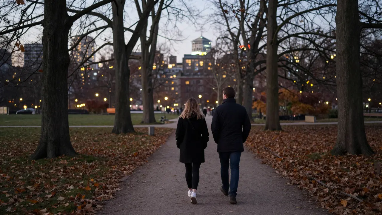 A man and woman walk peacefully through Tiergarten Park at dusk, leaves falling around them in quiet companionship.
