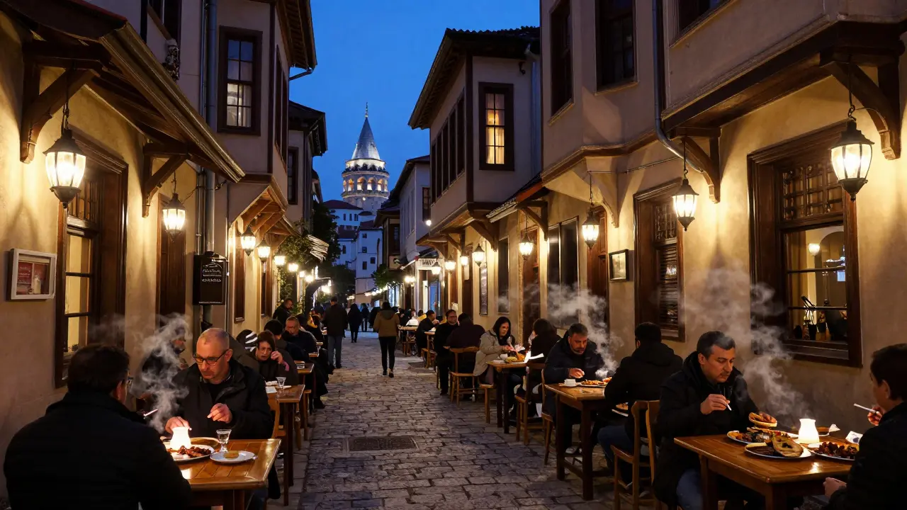 A narrow alley at night filled with locals drinking raki and eating grilled fish under lantern light.