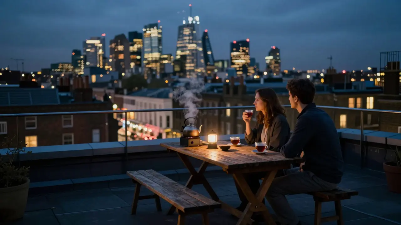 A peaceful rooftop with a steaming kettle and two people watching London&#039;s skyline at night.