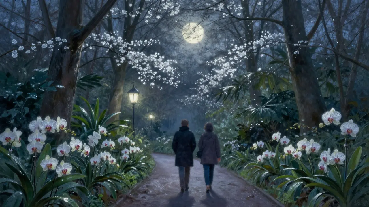 A peaceful walk among orchids in the Botanischer Garten under moonlight.