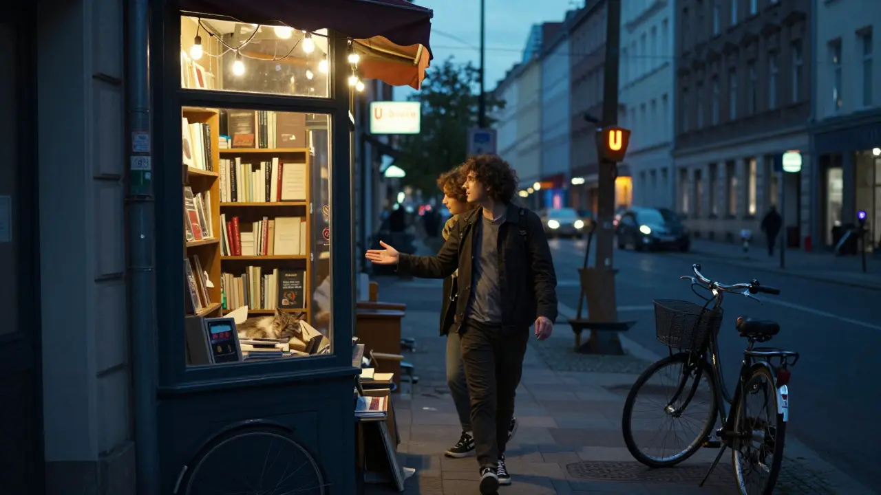 A person pointing to a small bookstore in Neukölln with a cat on the poetry shelf, at dusk.