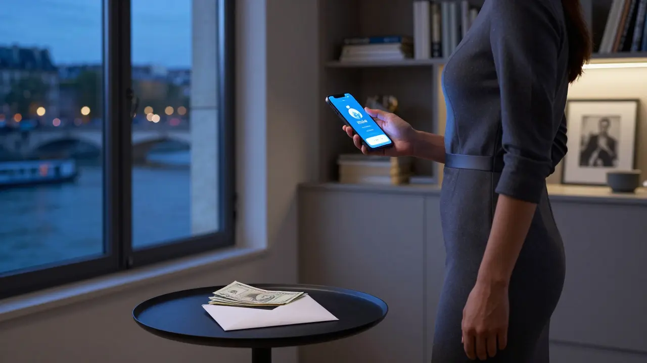 A professional woman in Paris holding a smartphone with a secure payment app, cash untouched on a table, bookshelves behind her.