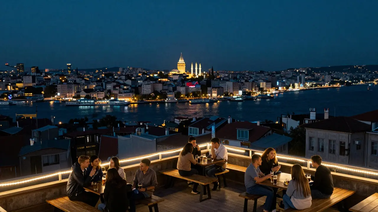 A quiet rooftop terrace overlooking Istanbul’s Golden Horn with mosques and towers glowing in the distance.