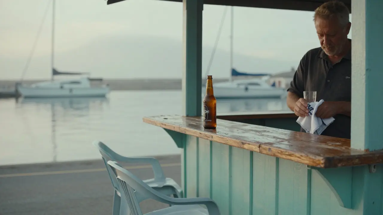 A quiet seaside bar at dawn with plastic chairs and yachts in the background, exuding calm authenticity.