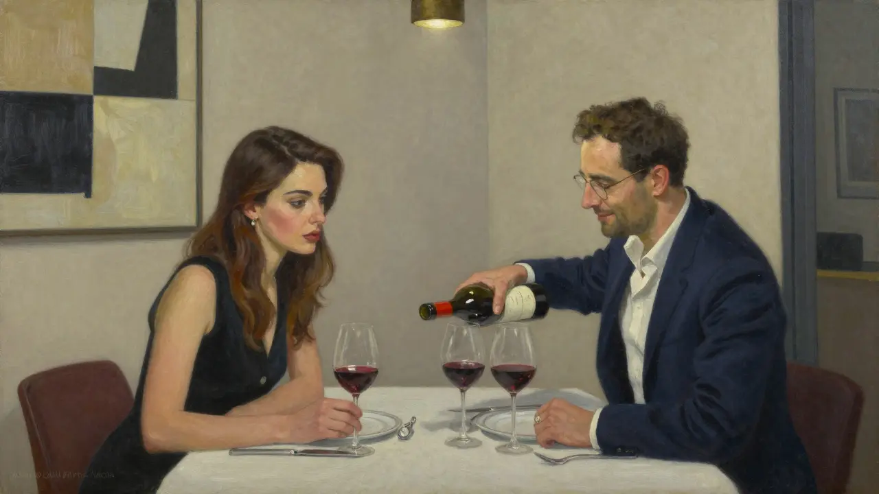 A refined couple dining at a Michelin-starred restaurant in Milan, surrounded by minimalist luxury.