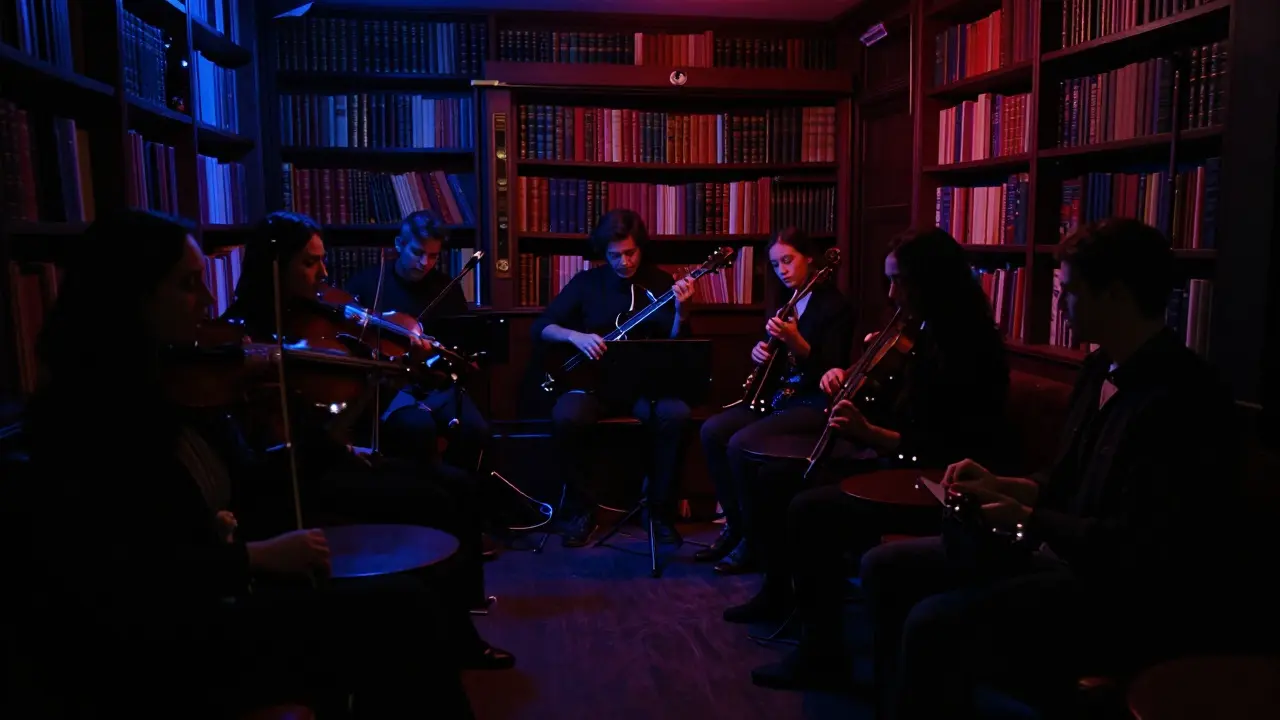 A secret underground club where a string quartet performs in near-darkness among vintage bookshelves.