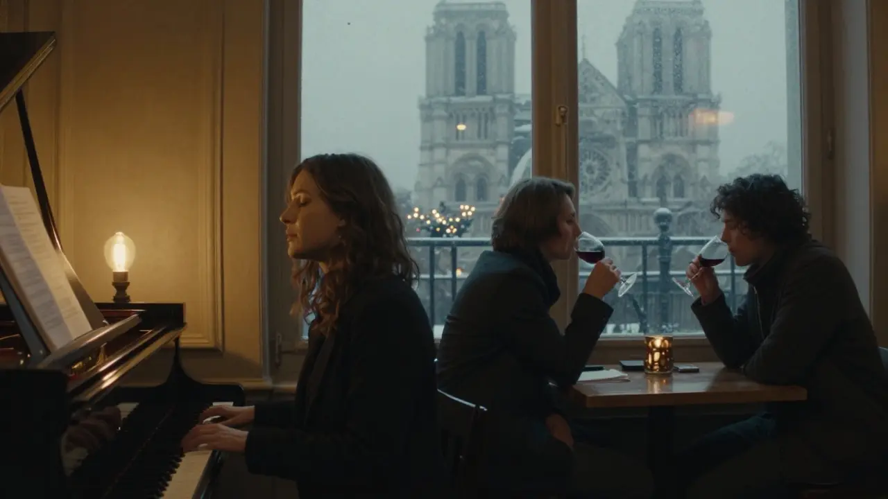 A singer at a piano in a quiet Parisian jazz bar, softly performing under a single bulb at night.