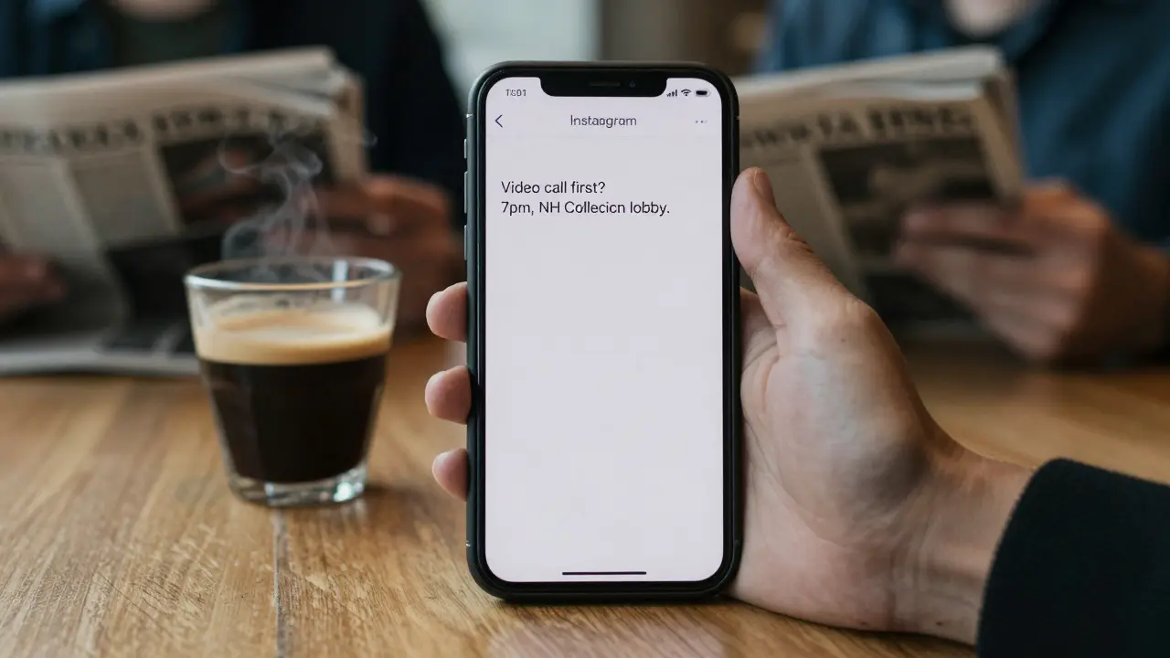 A smartphone displays a minimal text message exchange in a quiet Milan café.