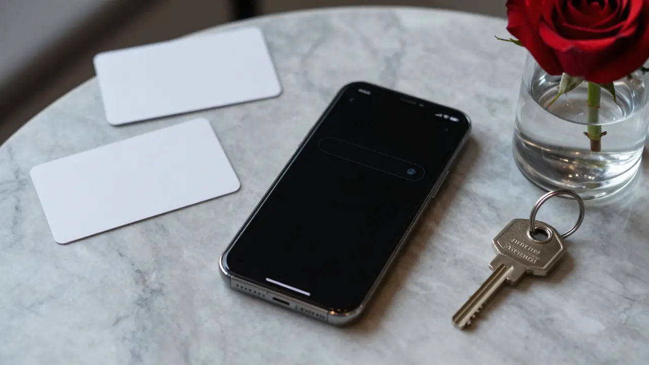 A smartphone with encrypted messaging surrounded by luxury items like a hotel key and a rose on marble.