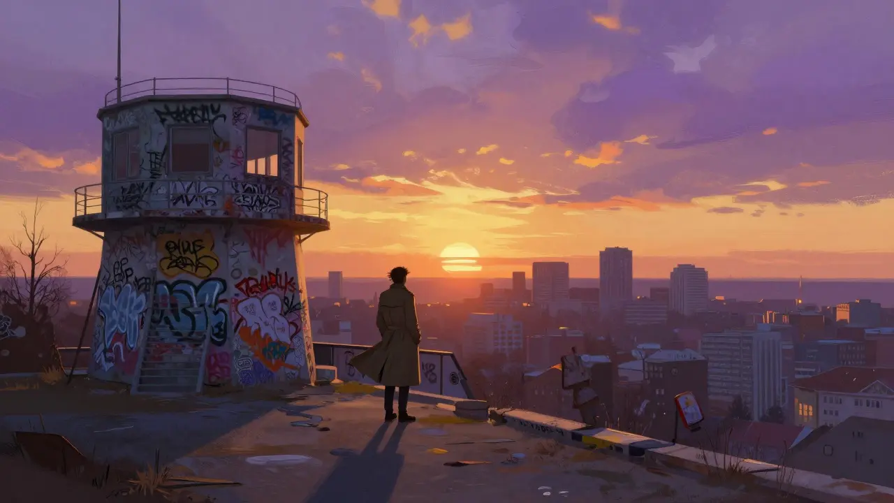 A solitary figure standing on Teufelsberg overlooking Berlin at sunset, graffiti-covered ruins in the foreground.